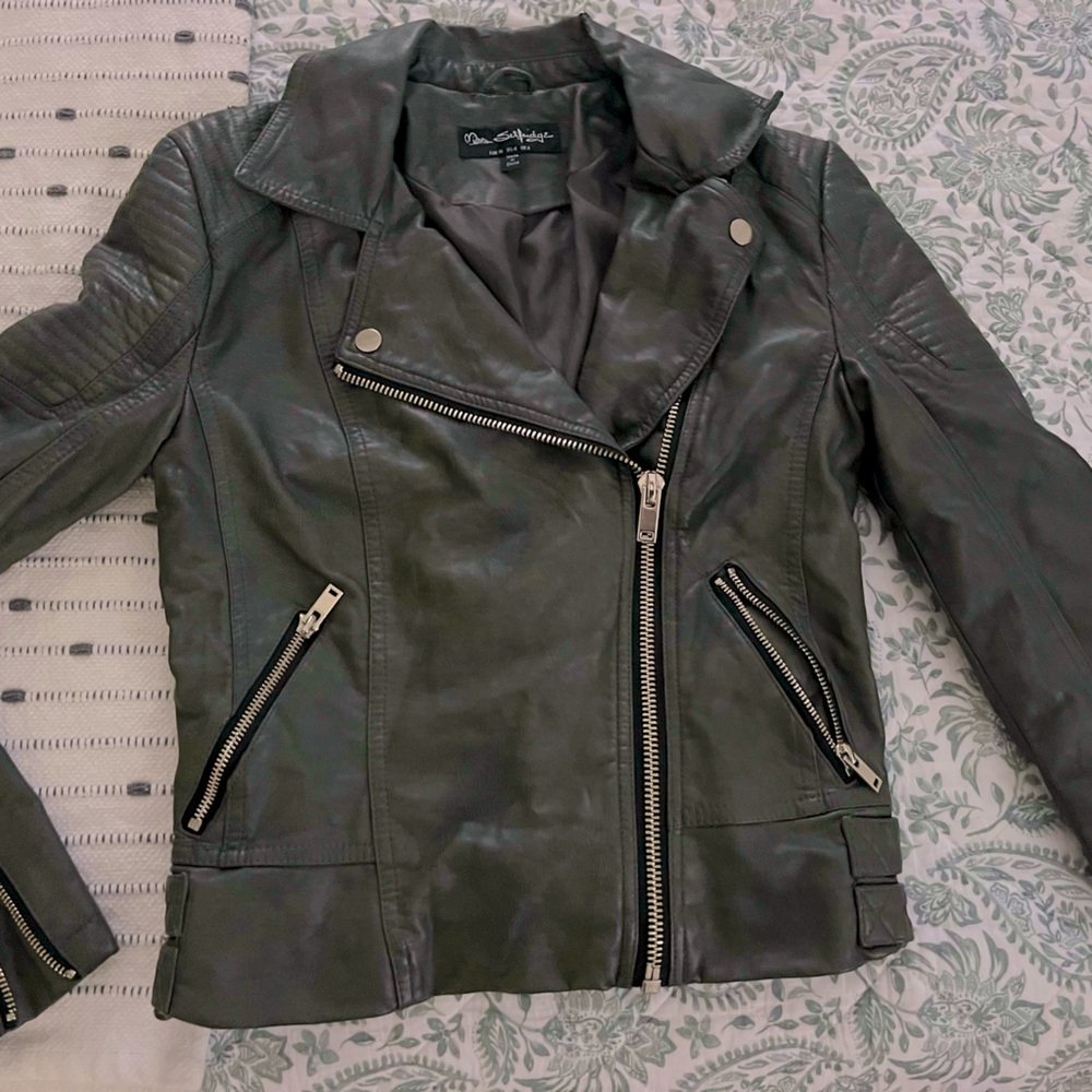 Like New, Miss Selfridge Size 4 Olive Green Leather Jackrt